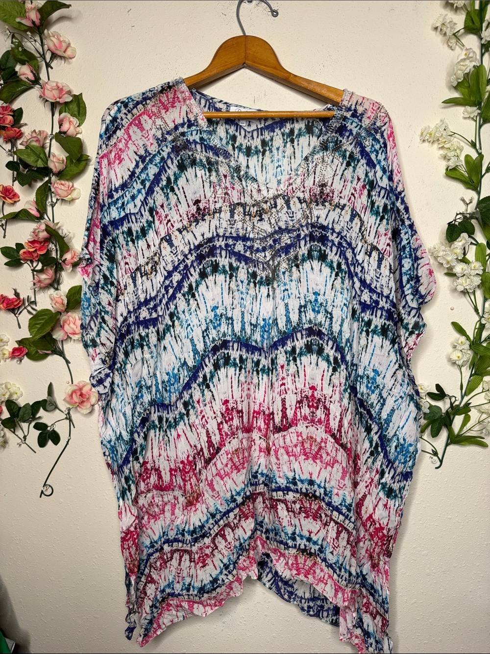 Parker beach Boho Tie-Dye Tunic Top in Pink, Blue & Teal
